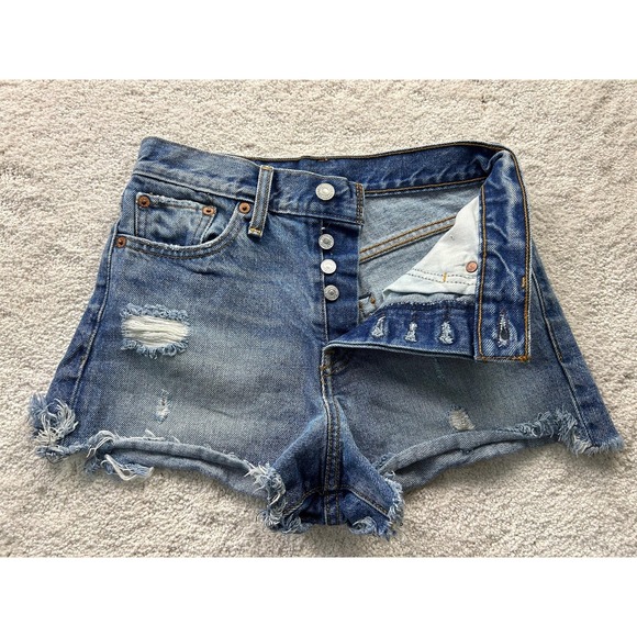 Levis Denim Shorts Womens 25 Blue Distressed High Rise Button Fly Raw Hem Jean - Picture 6 of 13